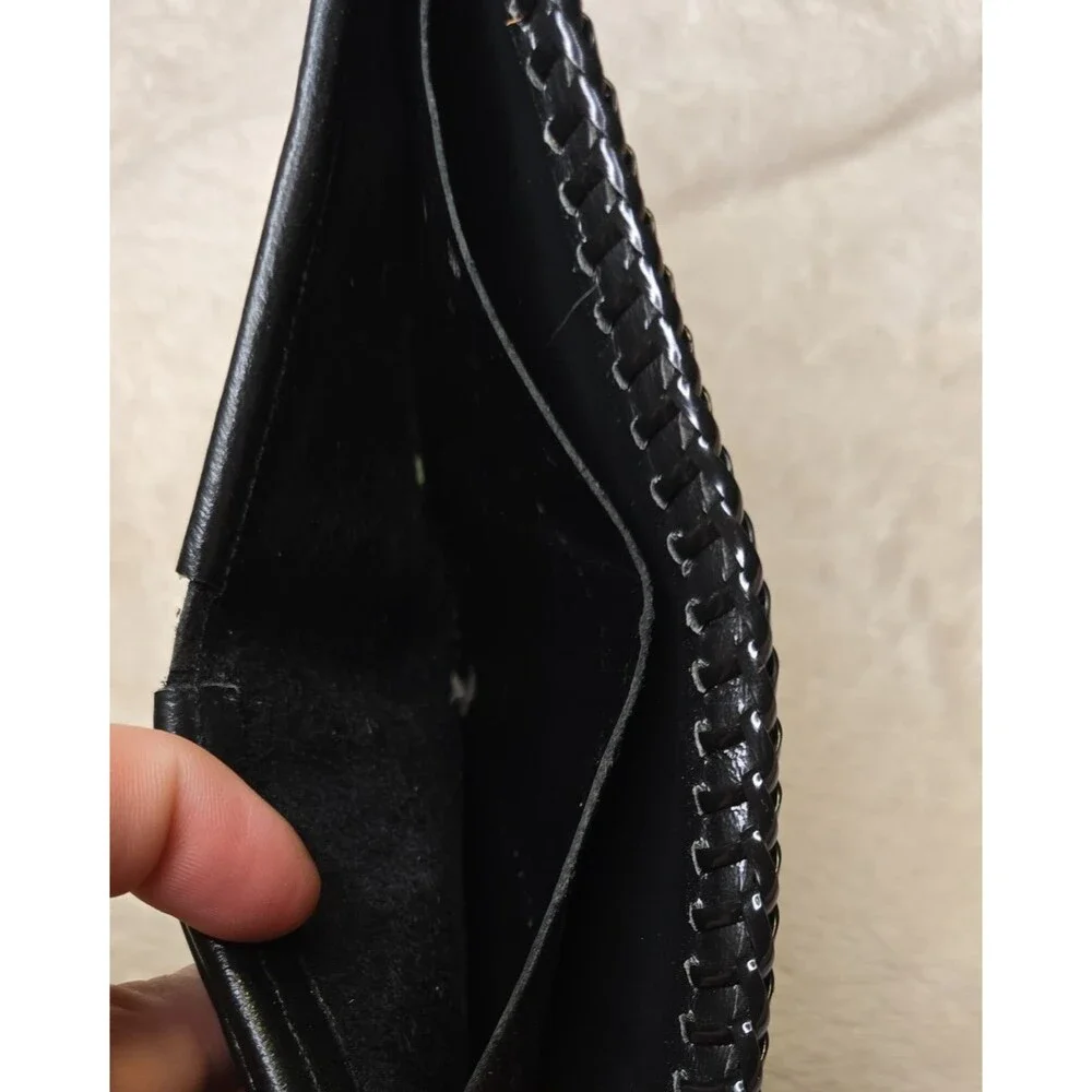 BLACK Bi-Fold Leather Wallet Whipstitch Black Genuine Leather Hand Tooled USA